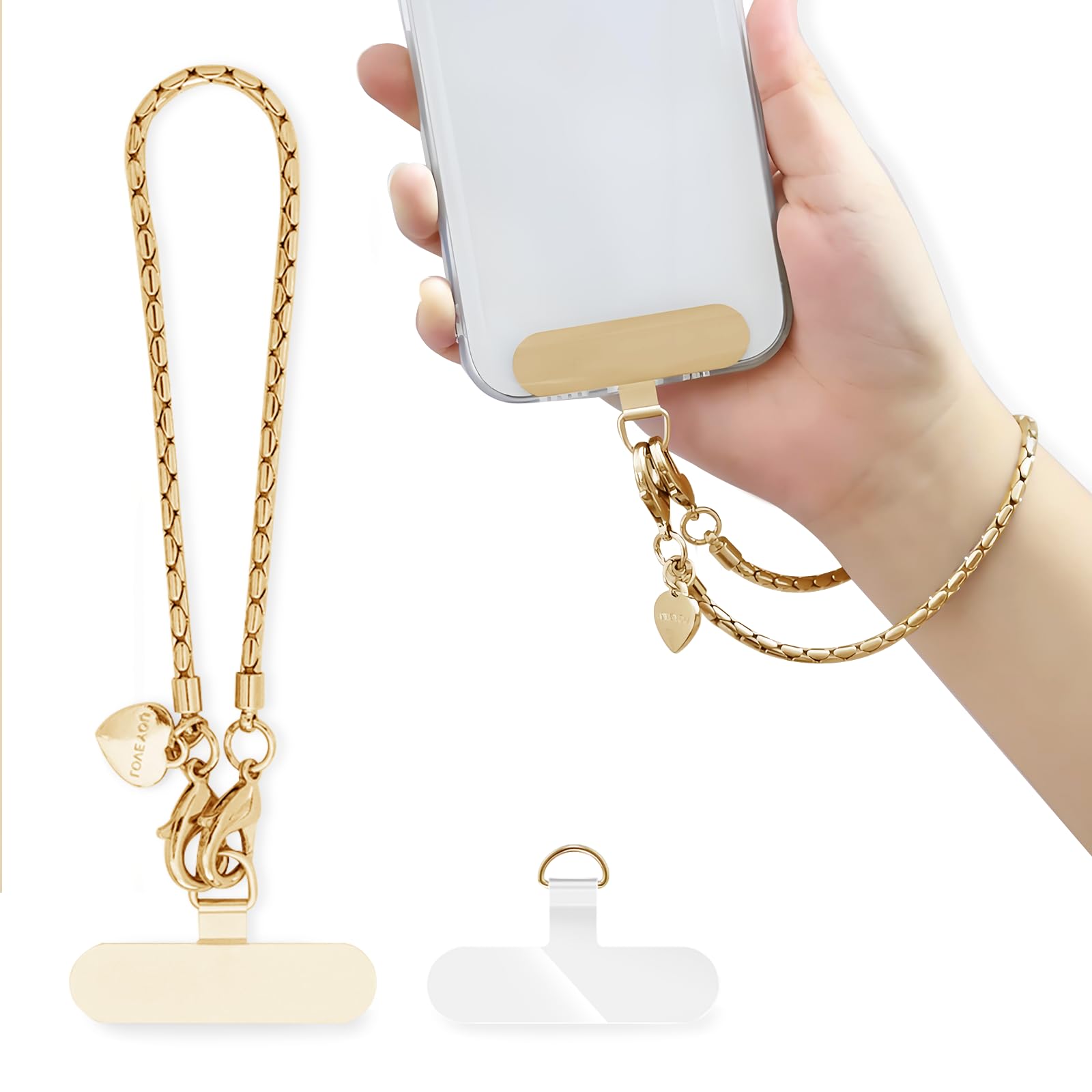 [Lamiishop] スマホ ストラップ 手首 ハンドストラップ スマホ チェーン 金属製 TPU透明+金属製金色ストラップホルダー2枚入り 携帯ストラップ スマホ 落下防止 スマホ スリ対策 鍵/携帯/財布 紛失防止 短いタイプ-長さ14cm ゴールド
