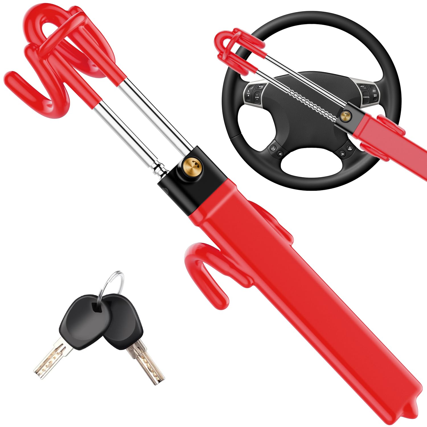 MONOJOY Car Steering Wheel Lock - Heavy Duty Anti-Theft Steering Wheel Lock for Car SUV Truck, Double Hook Design Steer Wheel Lock with 2 Keys, Universal Fit Car Lock Steering Wheel Security, Red