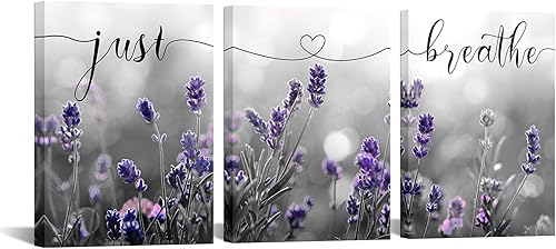 iKNOW FOTO 3 piezas de arte para pared de dormitorio con texto en inglés Just Breathe de 12 x 16 pulgadas cada una, imágenes de lavanda moradas con