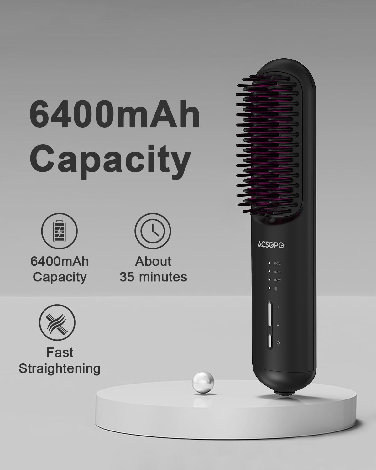 ACSGPG Rechargeable Hair Straightener Brush - 6400mAh Large Capacity Battery - Portable Straightening Brush Comb - Mini Cordless Ionic Straightener for Women - Great for Travel & Home