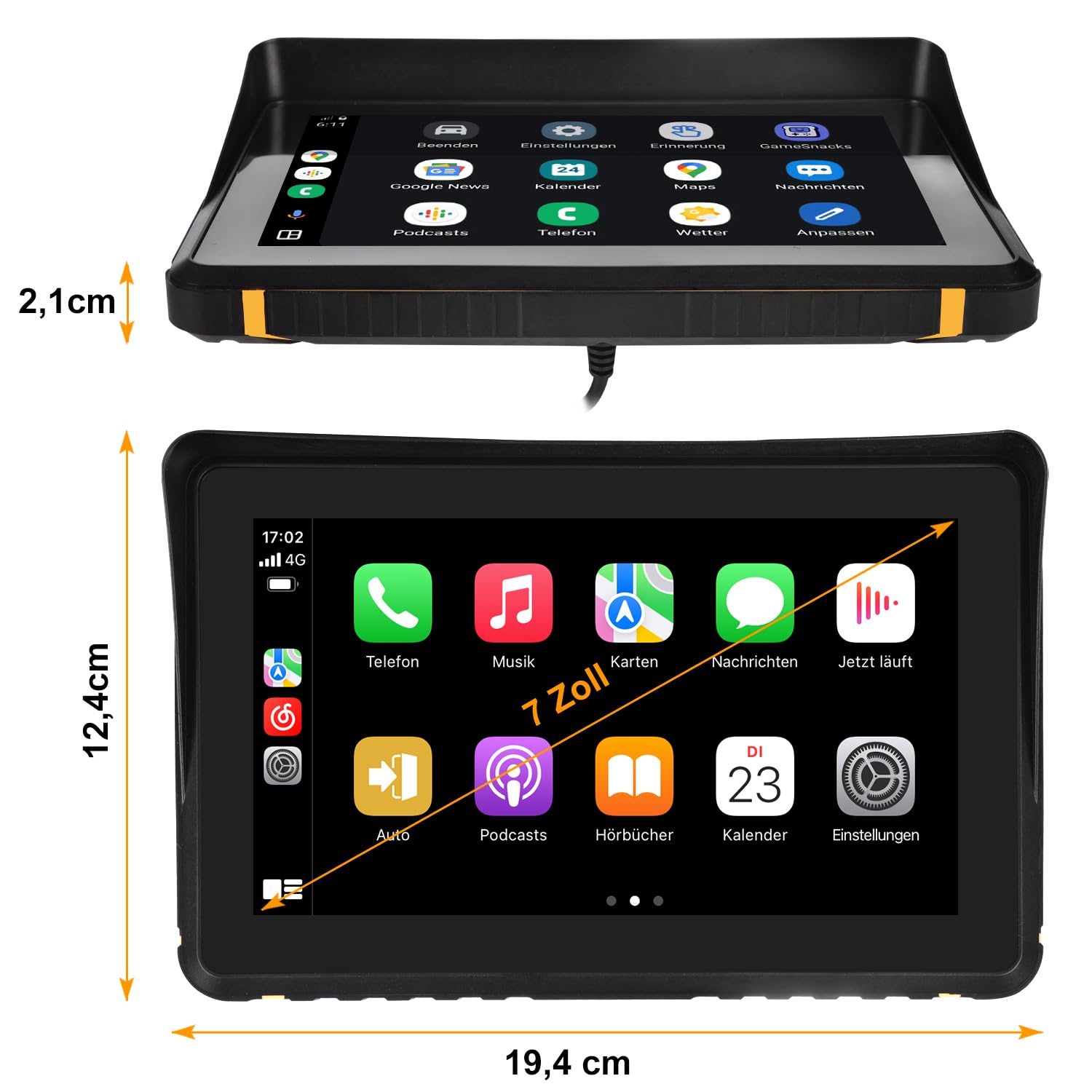 Kabelloser CarPlay für Motorrad, Tragbares Android Auto für Motorräder, 7 Zoll Motorrad GPS Navigation mit IP67 Wasserdichter, Duales Bluetooth/Sprachsteuerung/Navigation/FM/Mirror-Link