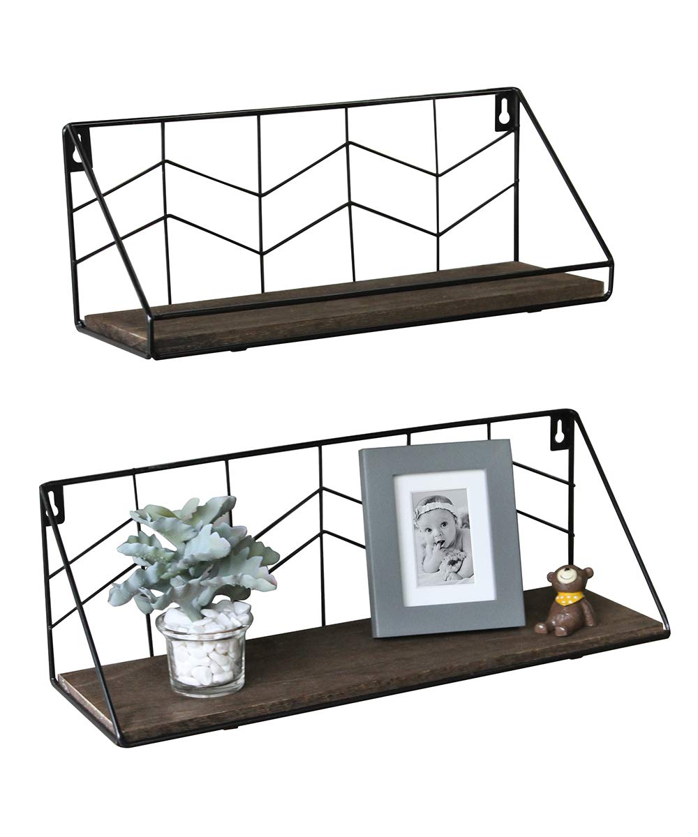 Afuly Rustic Floating Shelves Wall Mounted Set of 2, Black Metal Wire with Brown Wood Storage Shelf, Modern Industrial Display Shelf for Bedroom Bathroom Plant Kitchen Living Room Office