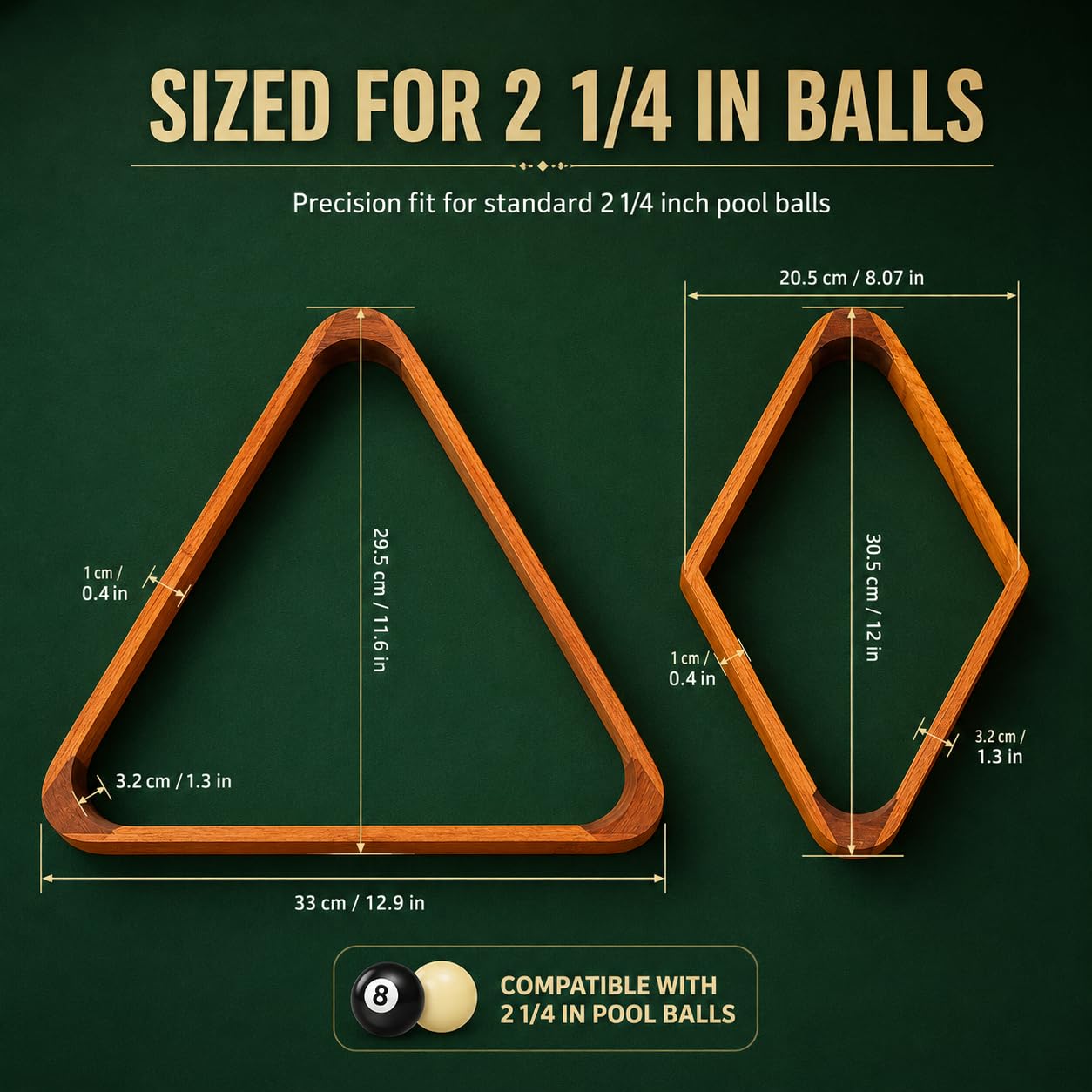 HMQQ Rastrelliera triangolare o diamantata in legno massello per palline da biliardo da 5,35 cm