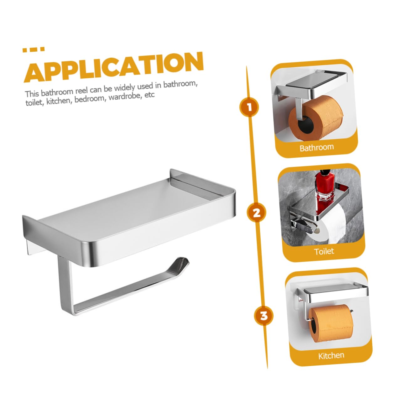 Portarrollos con Instalación Adhesiva de Papel Higiénico de Acero Inoxidable con Estante para Teléfono y Diseño de Bordes hacia Arriba en Color Plata para Baños y Aseos