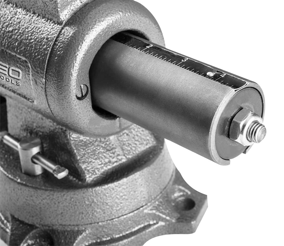 NEO TOOLS Obrotowe imadło ślusarskie 100 mm, 360 stopni, z kowadłem, dwa rodzaje szczęk do owalnych i regularnych przedmiotów. Wykonane z żeliwa