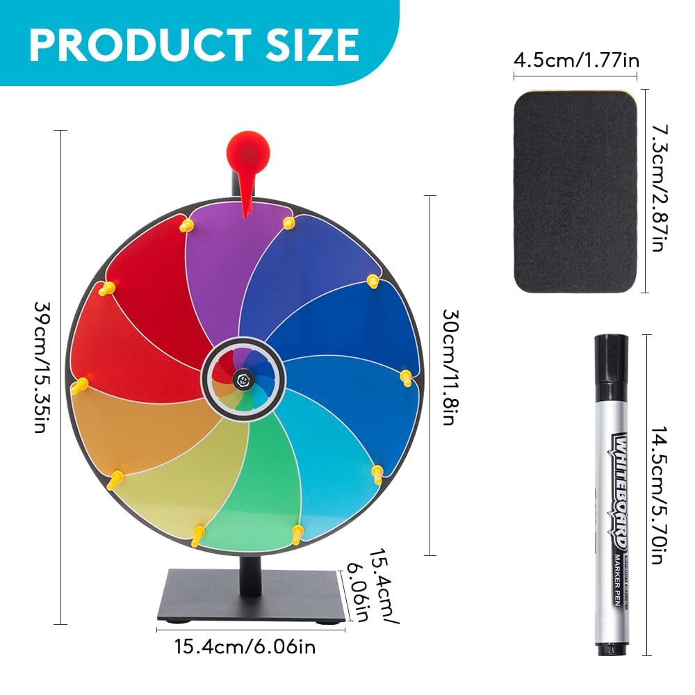 HUHUPET 12 Inch Spinning Prize Wheel, 10 Slots Tabletop Roulette Spinner with Dry Erase Marker and Eraser, for Trade Show, Carnival, Party Games - Image 2