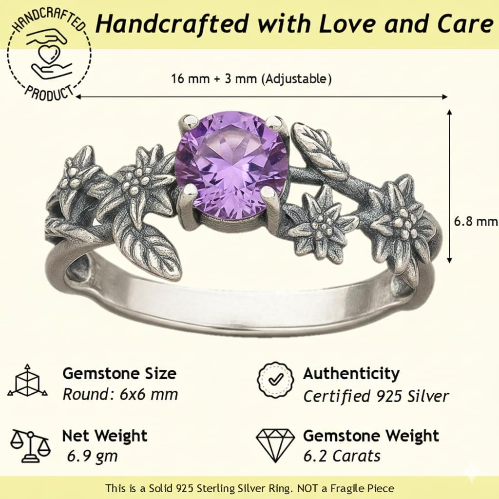 Vintage Birthstone Ring in 925 Sterling Silver | Round Cut Gemstone Ring | Floral Art Deco Statement Ring | Handmade Victorian Jewelry Gift for Her and Him | Nature-Inspired Unisex