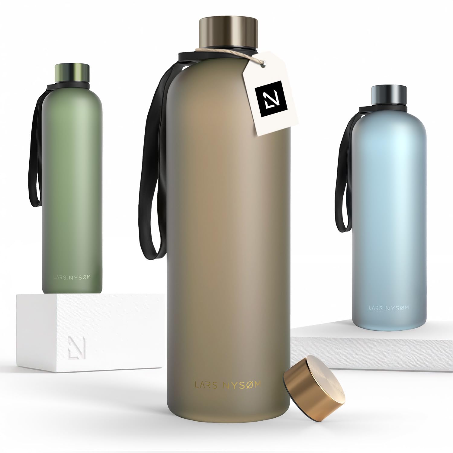 Lars Nysøm Taupe Brown - Gold Water Bottle 51Oz | Drinking Bottle 1,5Liter | Ultralight Tritan Sports Flask Leak-Proof | Ideal For Sports, Office, Yoga | 2 Lids Included (Brown - Gold, Xl 1500Ml)