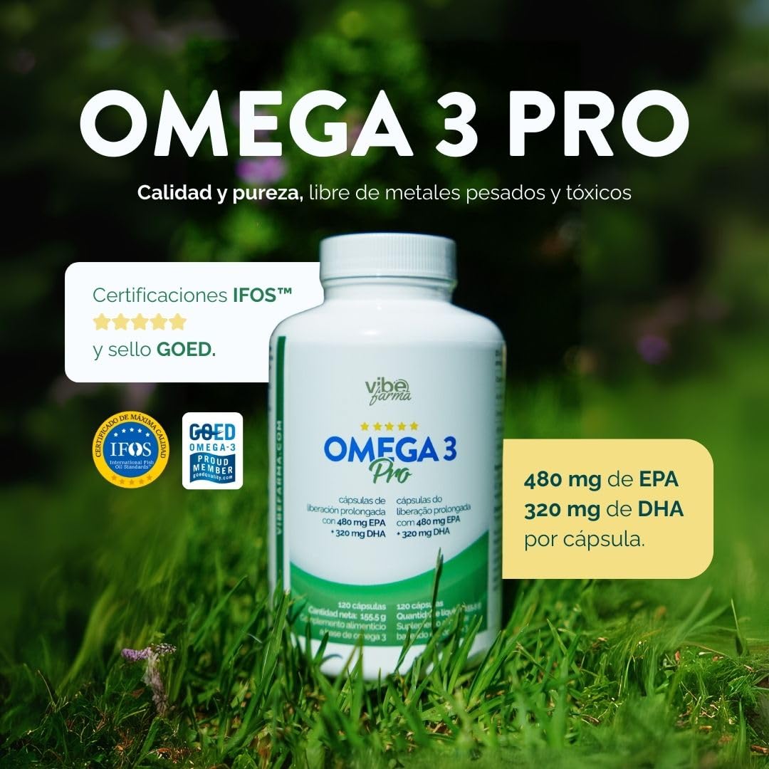 VIBEFARMA OMEGA 3 PRO Certificado IFOS 5 Estrellas 480 mg EPA y 320 mg DHA por Cápsula Aceite de Pescado Triglicérido Estándar Superior Alta Concentración Absorción Rápida Sin Reflujo 120 Cápsulas