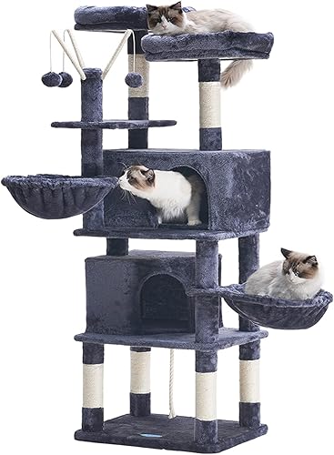 Hey-brother Árbol para gatos, torre para gatos, condominio para gatos con postes rascadores, cesta, 2 cuevas, 2 perchas de felpa, centro de