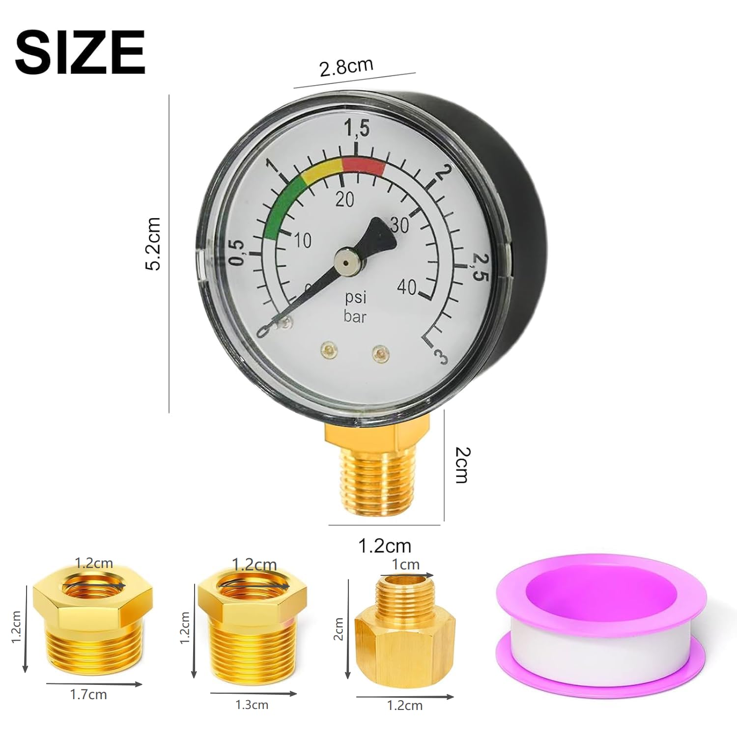 Manomètre de pression de piscine 1/4" - Double échelle de précision - Boîtier en laiton robuste en acier inoxydable - Installation facile - Durable - Polyvalent - Pour piscine, étang à