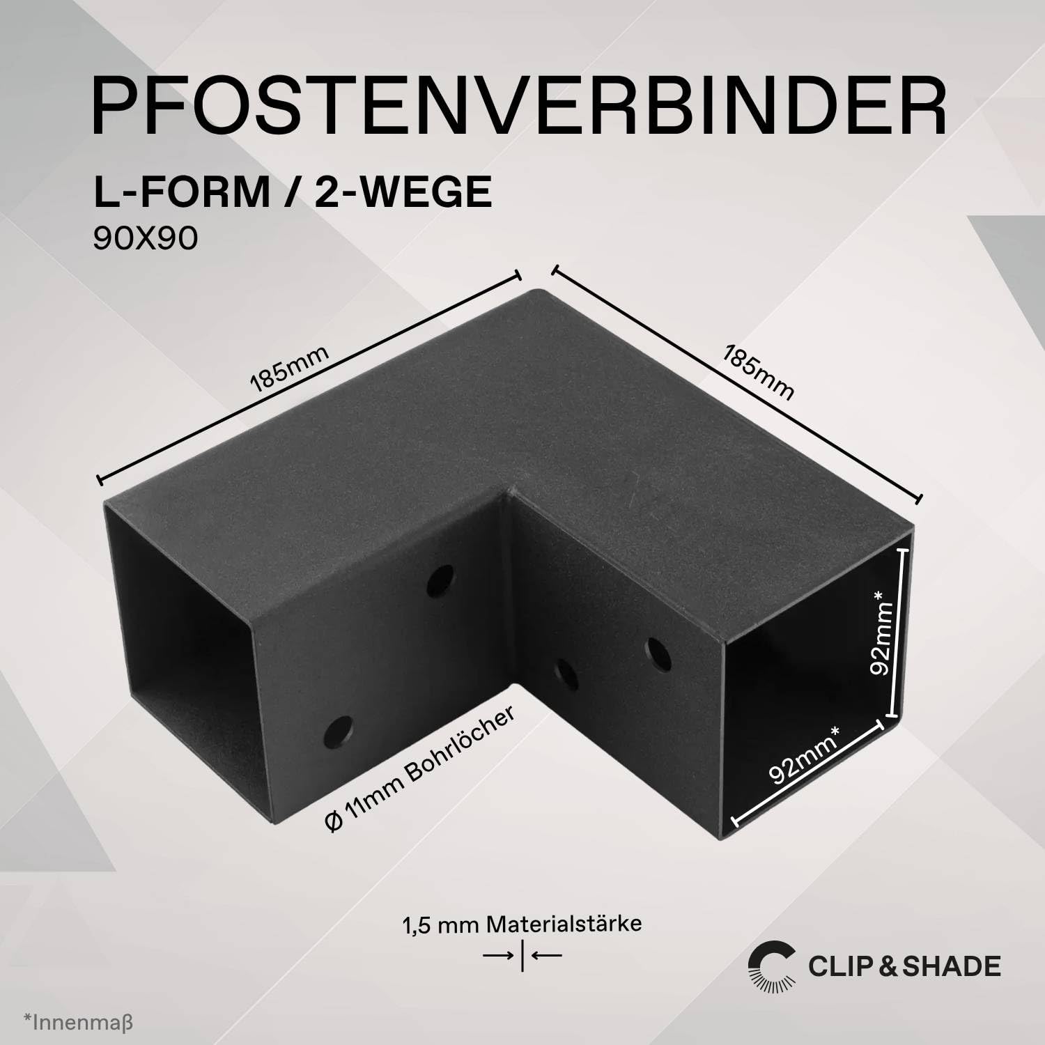 CLIP & SHADE Pfostenträger 90x90 L-Eckverbinder 2-Wege für Holzpfosten | Balkenschuhe 9x9 verzinkt & pulverbeschichtet | Pfostenverbinder für Pergola, Carport, Terrassenüberdachung