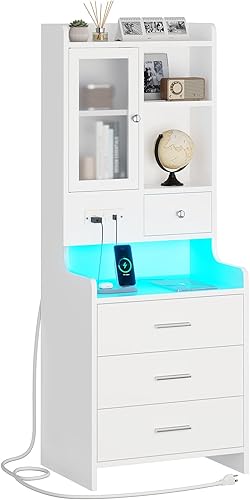 ADORNEVE - Mesita de noche alta con estación de carga y luces LED, mesita de noche de 49.2" con estantería, mesa de noche blanca con cajones, mesa