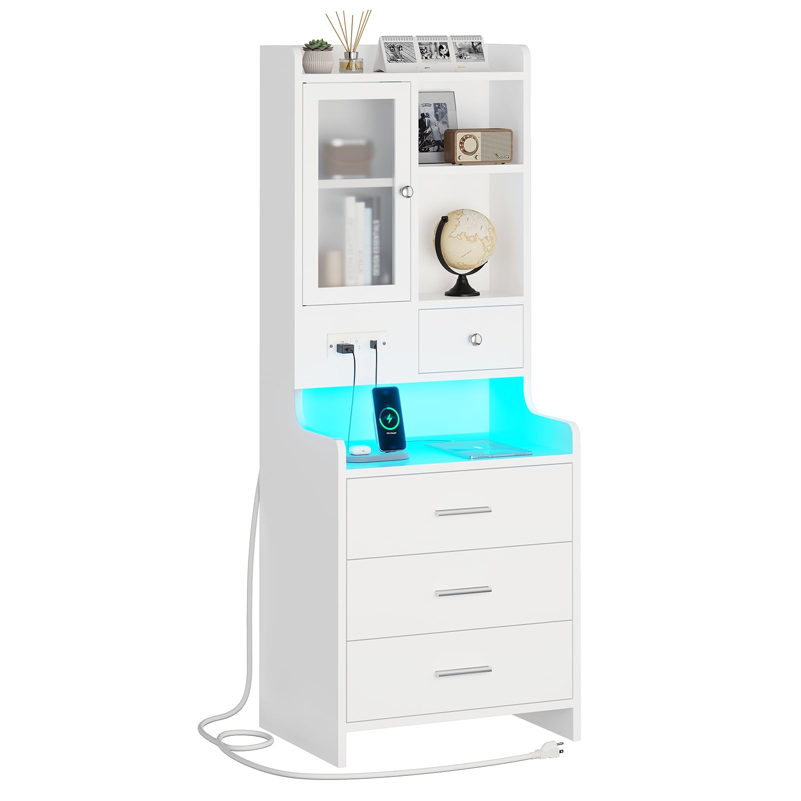 ADORNEVE Tall Night Stand with Charging Station and LED Lights,49.2" Nightstand with Bookshelf, White Bedside Table with Drawers,End Side Table for