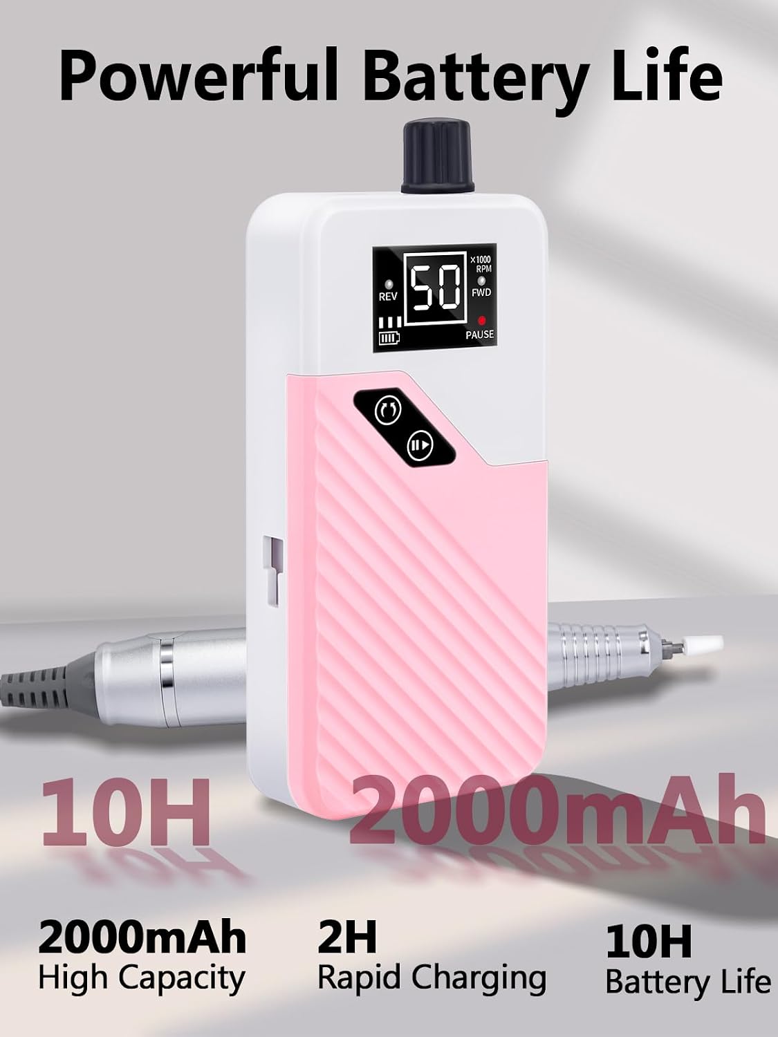 Electric Nail Drill Professional 50000RPM, Portable Nail File Drill Rechargeable with Bits Kit for Acrylic Gel Nails Polishing Removing, E-File Manicure Machine for Salon Home, Pink