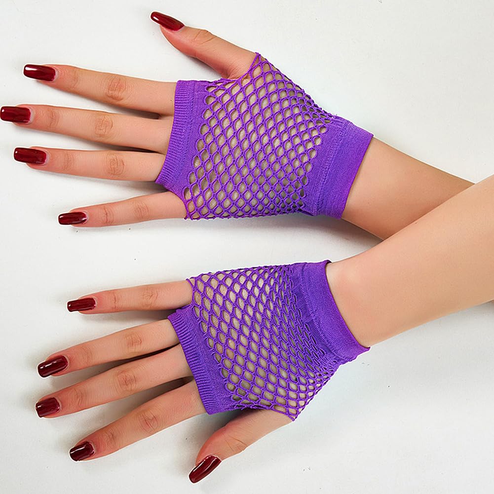 YeeHeen Short Fishnet Gloves for Women Punk Fingerless Mesh Glove Pruple - Image 2