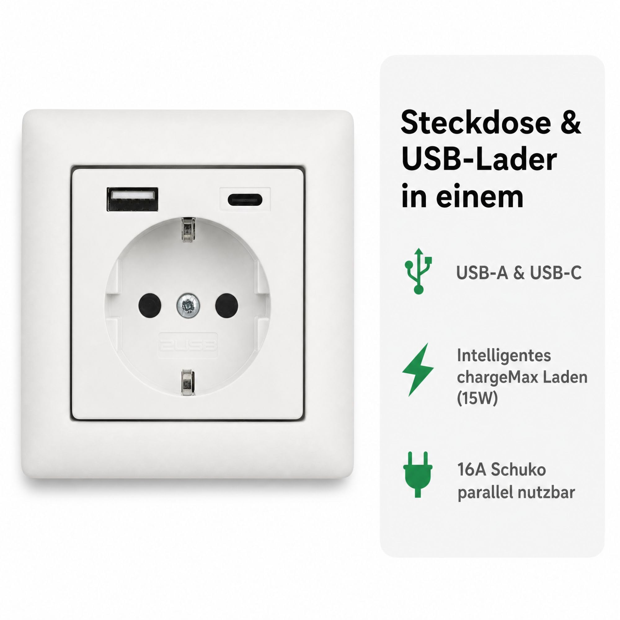 USB-Steckdose chargeMax unter Putz USB-A + USB-C mit Rahmen Ausführung 2USB, Tiefe nur 32mm, Set mit Abdeckung Busch Jaeger Balance Si alpinweiß glänzend
