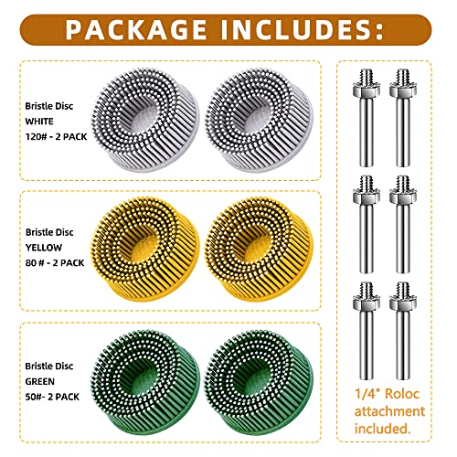 Image of 6 Pack 2 Inch Bristle Disc Grit 50# 80# 120# with 1 /4 inch Shank Attachment Abrasive Coating Removal Disc for Metal (6, 2 inch)