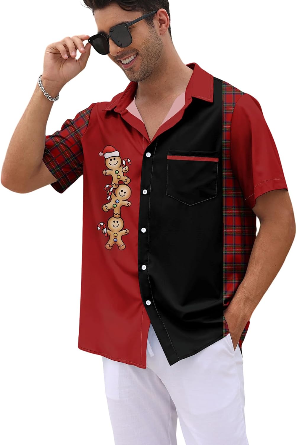 Men's Funny Christmas Shirts Short Sleeve Button Up Vacation Bowling Shirt (S-6XL)