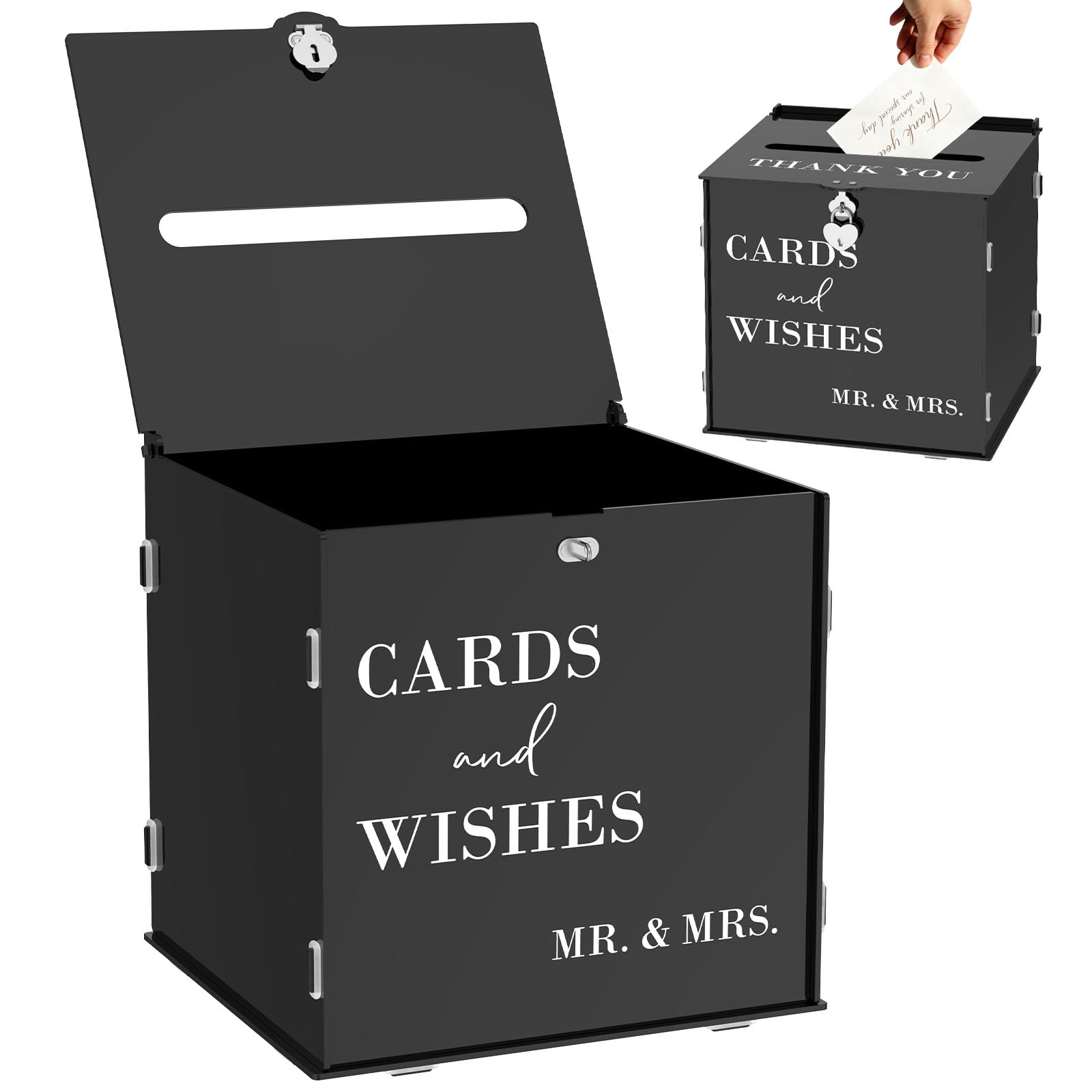 Wedding Card Box with Heart Lock and Key, Mirror Decorative Wedding Post Box for Cards and Gifts, Cards and Wishes" Gift Money Holder for Bride and Groom, Easy Assembly DIY Wishing Well(black)