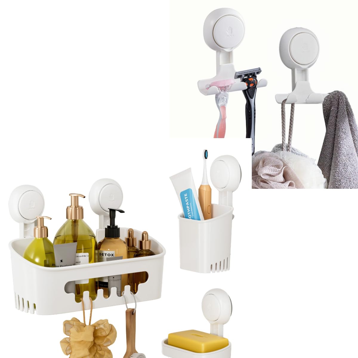 LEVERLOC Shower Caddy Suction Cup Toothbrush Holder Soap Holder Razor Holder NO-Drilling Removable Suction Shower Organizer Powerful Waterproof