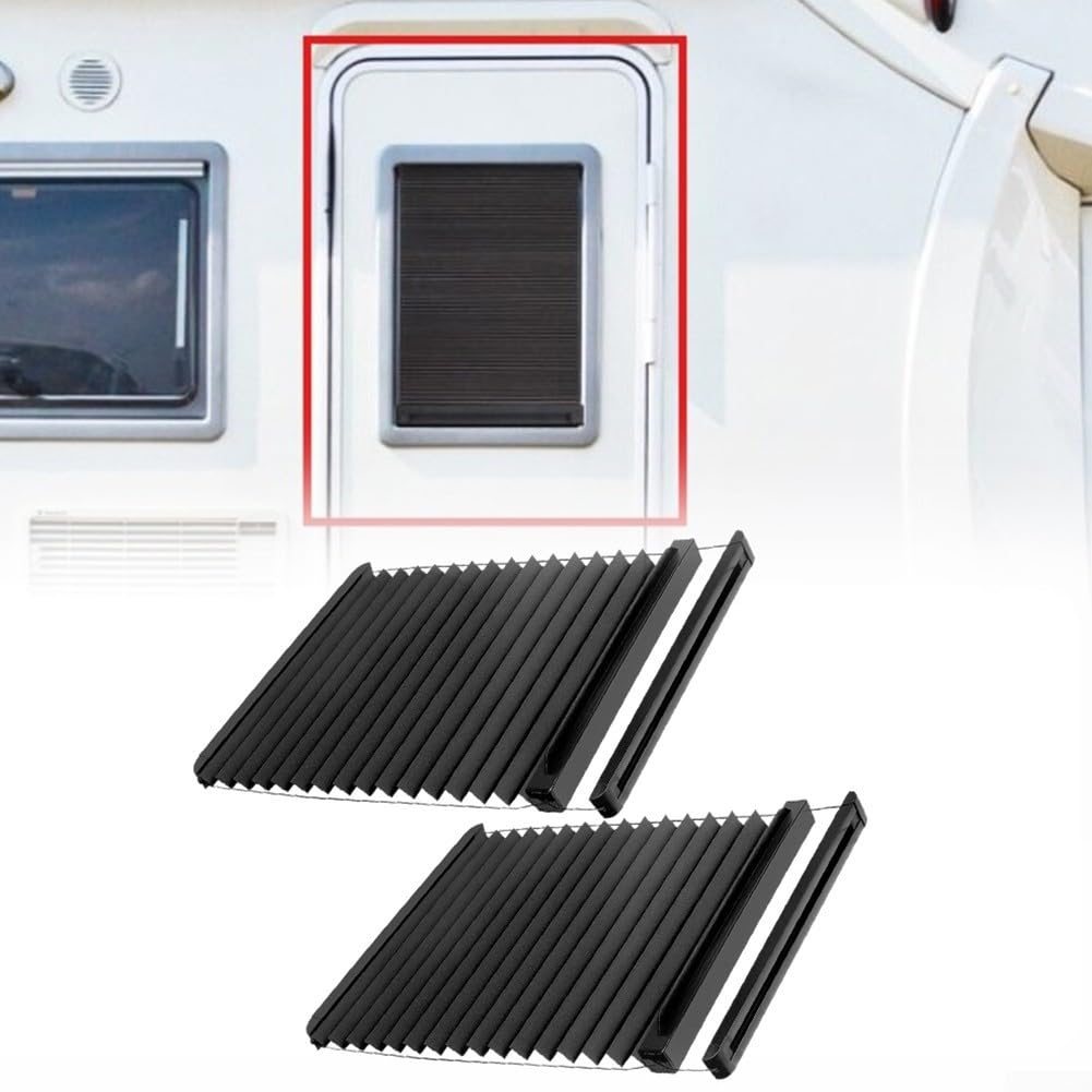 2 Stück RV-Tür-Fensterblenden 30,5 x 53,3 cm schwarz Faltrollo Aluminiumschiene für Lippert Eingangstüren Verdunkelung Sichtschutz leise gleitende Spur verstellbarer Lichtblock Sonnenschutz