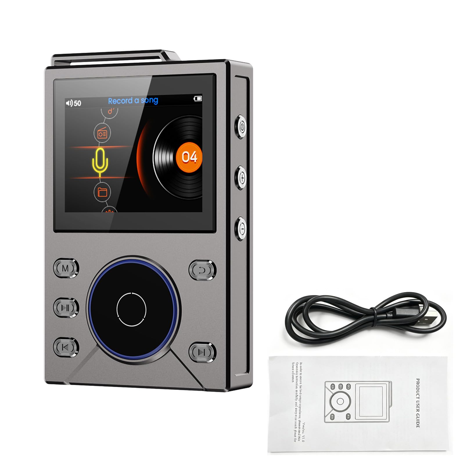 Tragbarer Audio-Player mit 2,4-Zoll-TFT-Display und ALPS-Rad, Verlustfreier HiFi-Musik-Player, Digitaler Sound- für Car Home Outdoor (metallisches Grau)