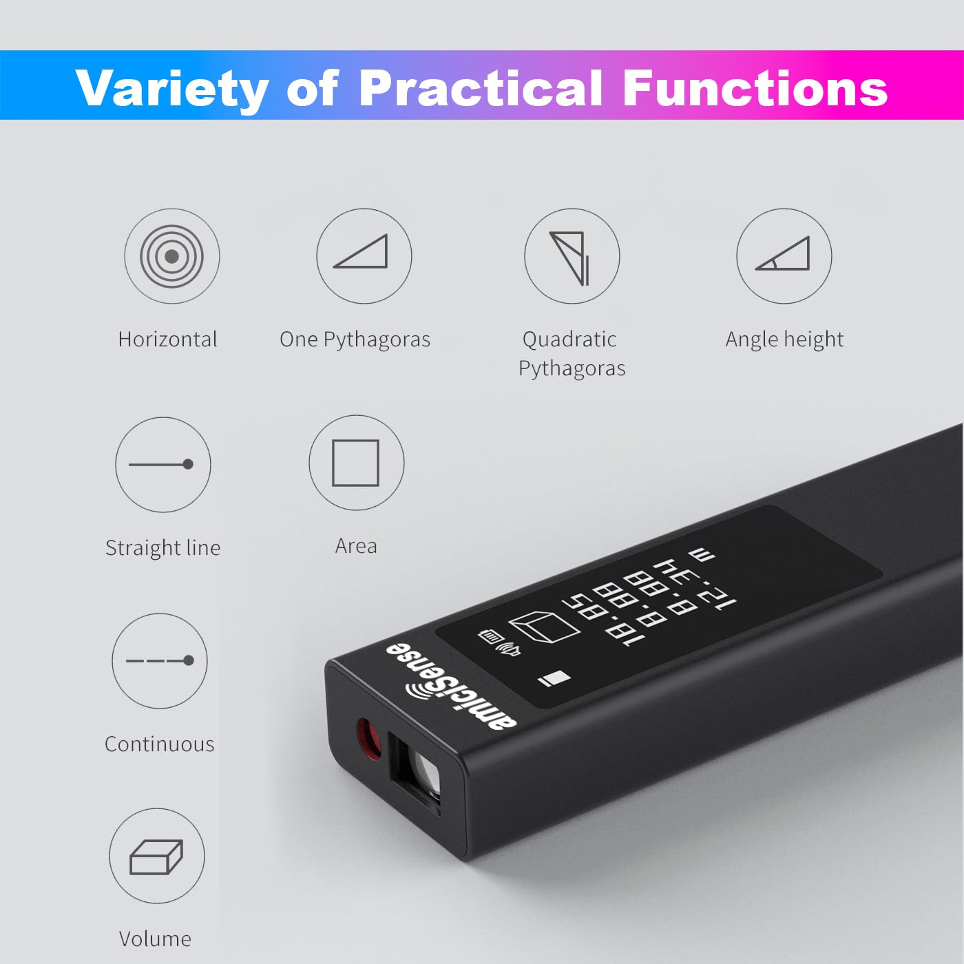 amiciSense Laser Distance Meter with Touch Display - 40m Digital Ruler with Type-C Charging, Multi-Measurement Modes (Area, Length, Volume, Angle, Pythagoras) 2