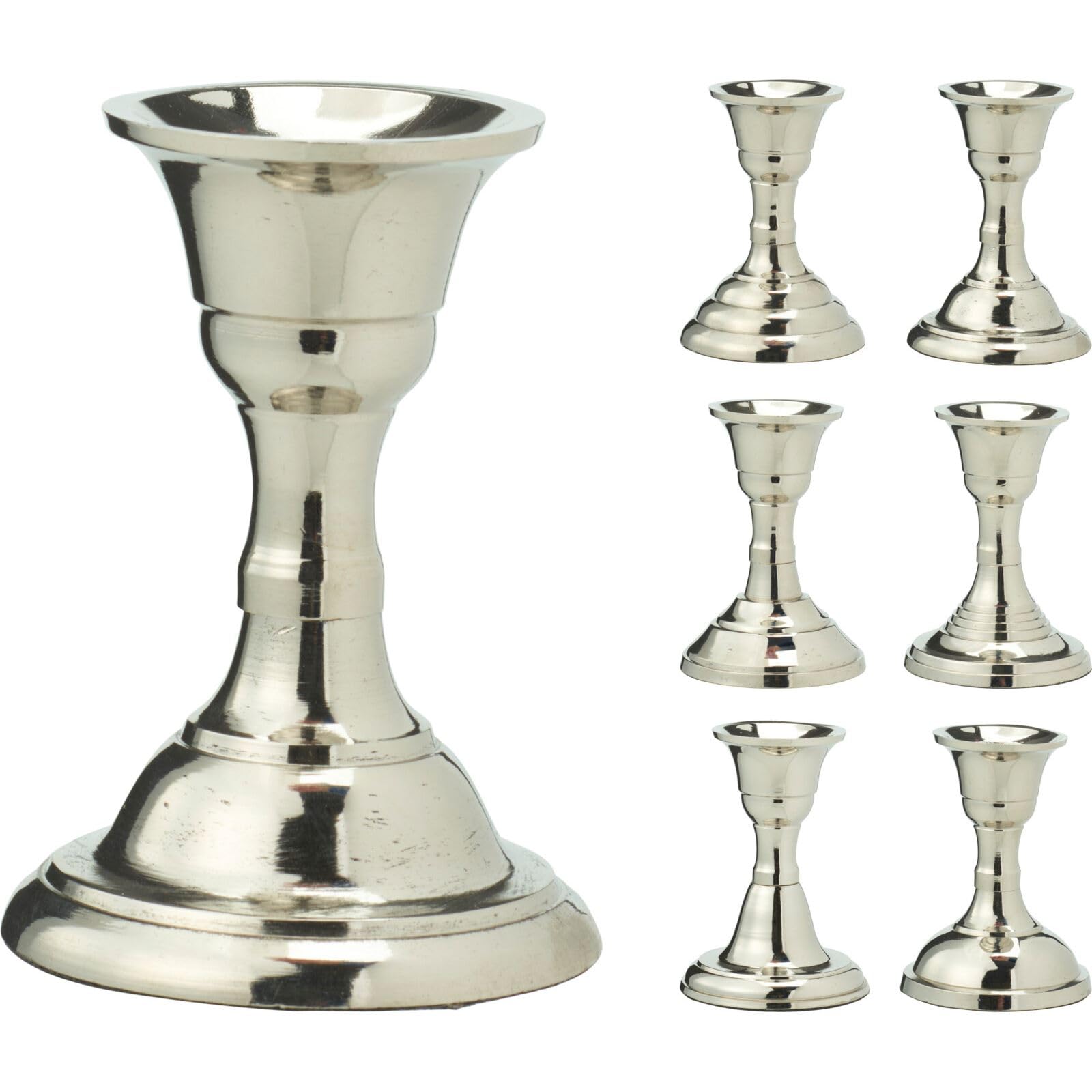 Carousel Home Silver Metal Candlestick | Tapered Dinner Candle Holder | Short Effect Candle Stand - 8Cm ~ Design Varies
