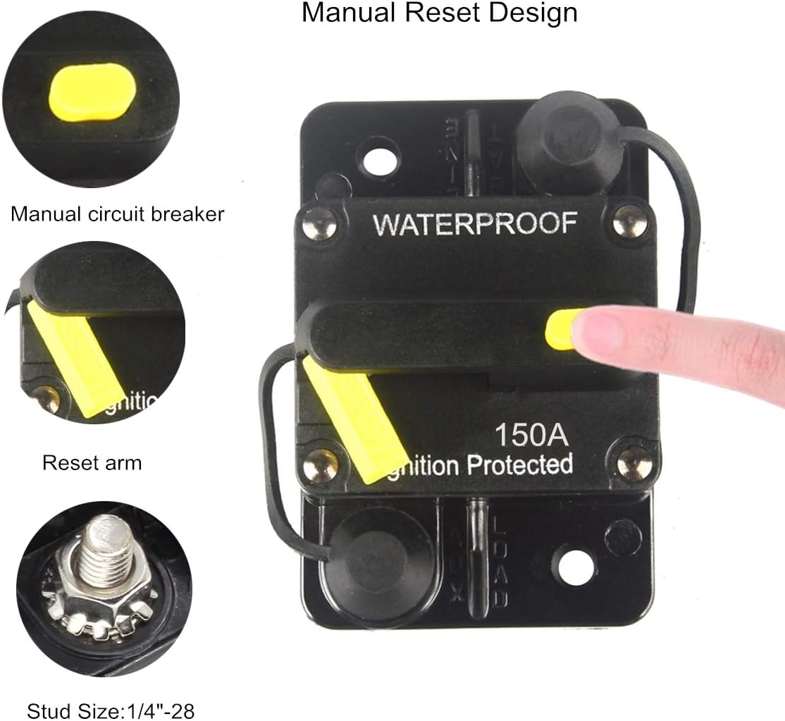150 Amp Circuit Breaker 12V- 48V DC Manual Reset Fuse for Trolling Motor Rv Marine Boat Vehicles System Protection Waterproof (150A)