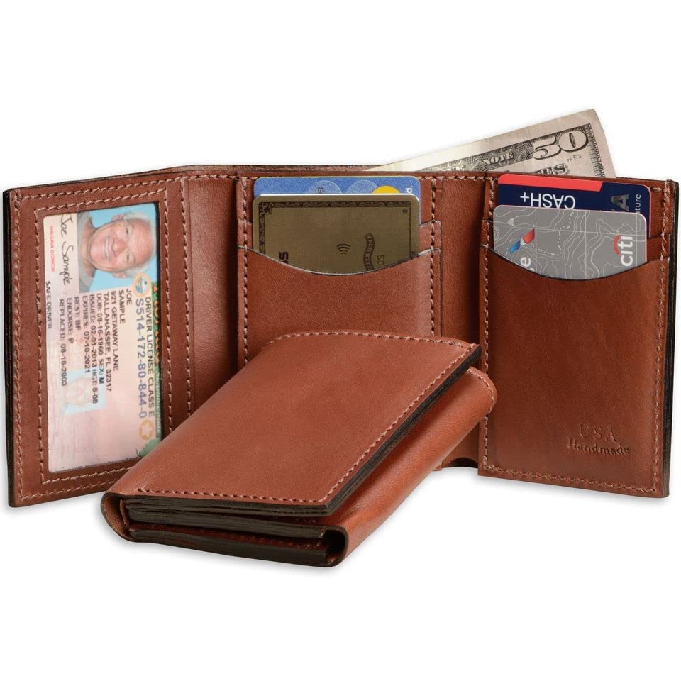 Premium Full Grain Bridle Leather Men’s Trifold Wallet With ID Window – Medium Brown - Made in USA2