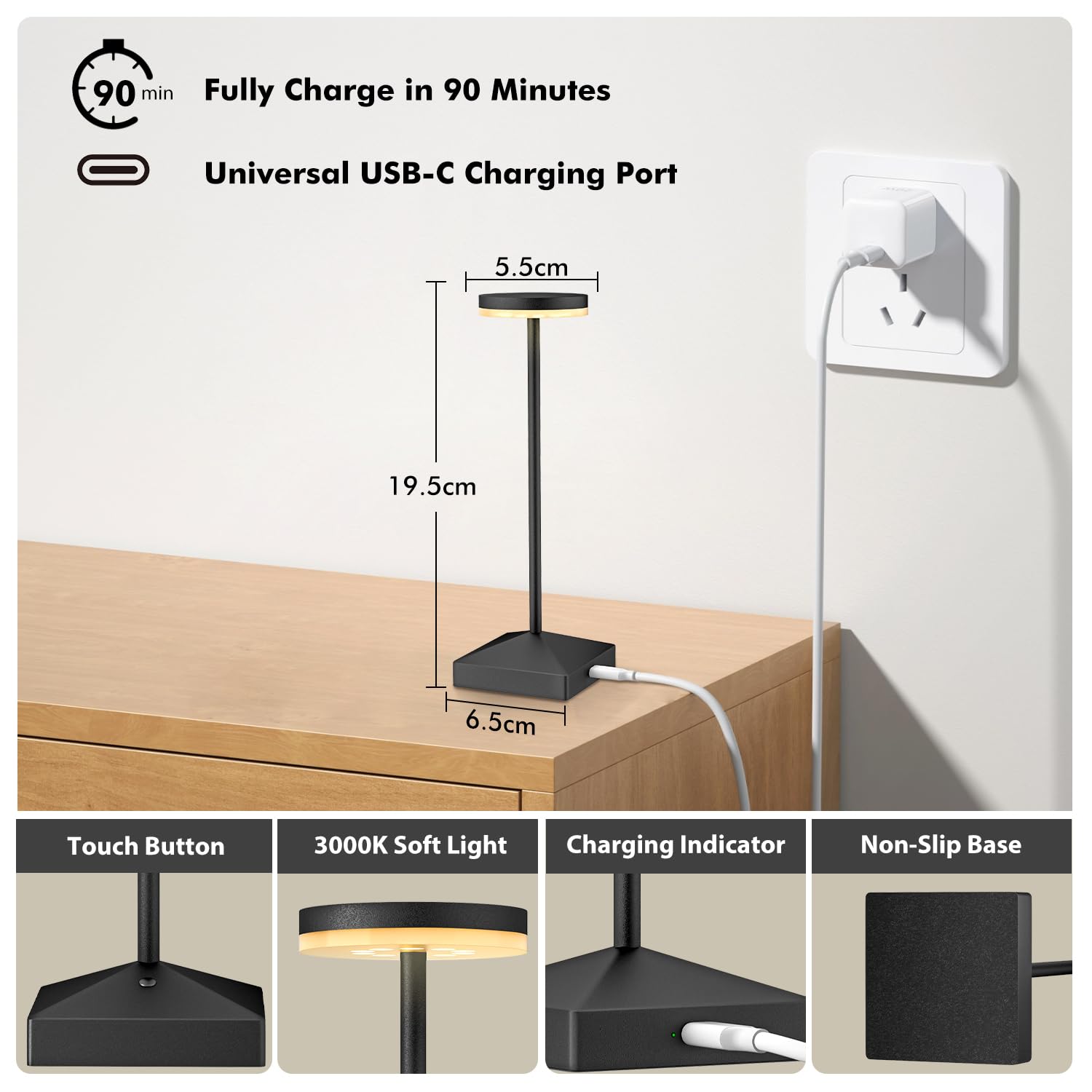 Confezione da 3 piccole lampade da tavolo ricaricabili senza fili, colore nero, dimmerabili | Senza fili, alimentato a batteria, luce notturna a LED portatile, per comodino, bagno, scrivania, esterno