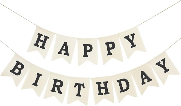 Burlap Happy Birthday Banner, Assembled Reusable Black Happy Birthday Sign for Rustic Birthday Party Decorations