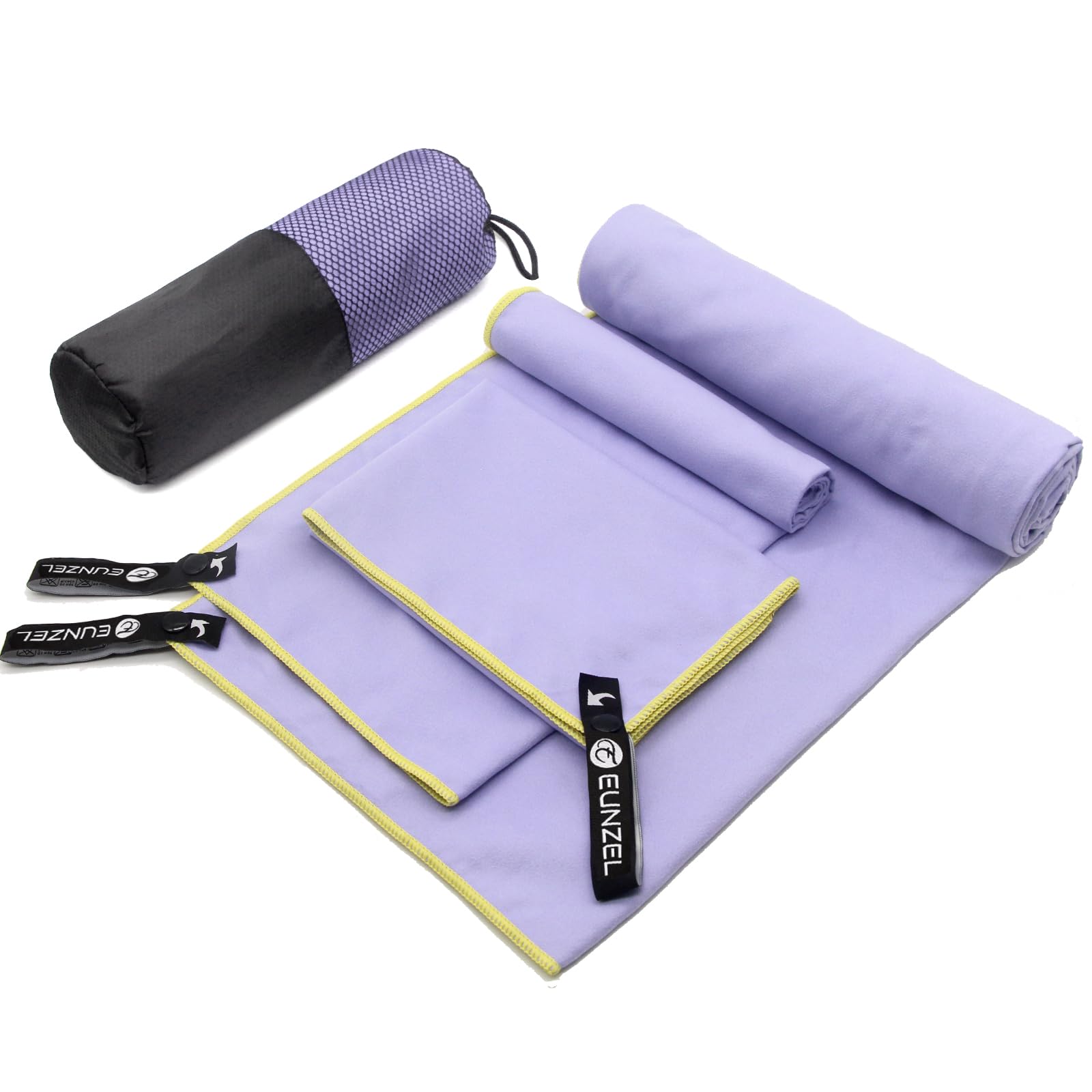 Eunzel Toalla de camping de secado rápido, toalla de viaje de microfibra, 3 tamaños en 1 paquete, juego de toallas de secado rápido para camping, playa, gimnasio, deportes, yoga y piscina, morado taro