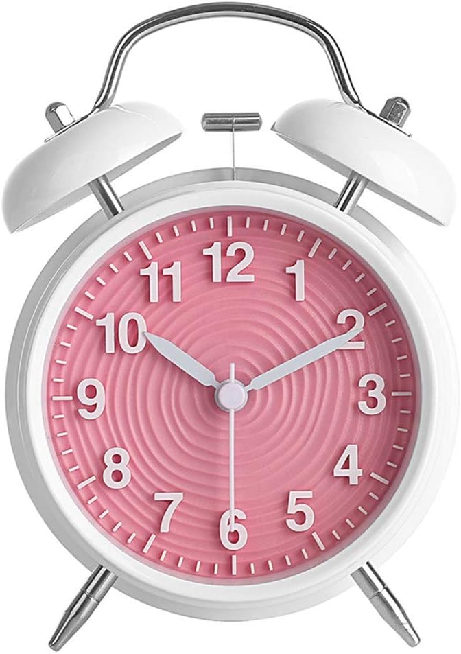 Topkey 4” Twin Bell Alarm Clock Non-ticking Bedside Table Travel Clock Vintage Alarm Clock With Nightlight and Loud Alarm, Battery Operated (Not Included) - Pink