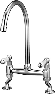 Traditional Kitchen Sink Bridge Mixer Tap Dual Ceramic White Handle Monobloc Tap Swivel Spout Chrome