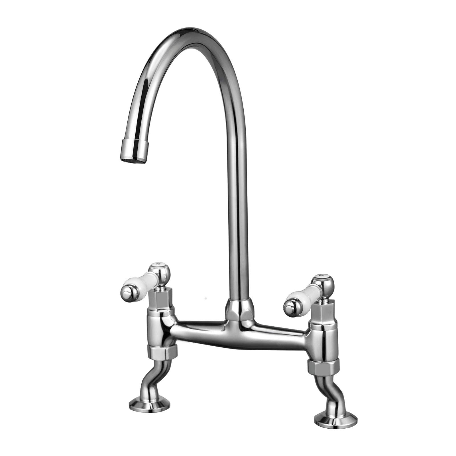 Peppermint Chome Traditional Kitchen Sink Bridge Mixer Tap Dual Ceramic White Handle Monobloc Bar Kitchen Tap 2 Hole With Swivel Spout, Chrome Classic Bar Faucet