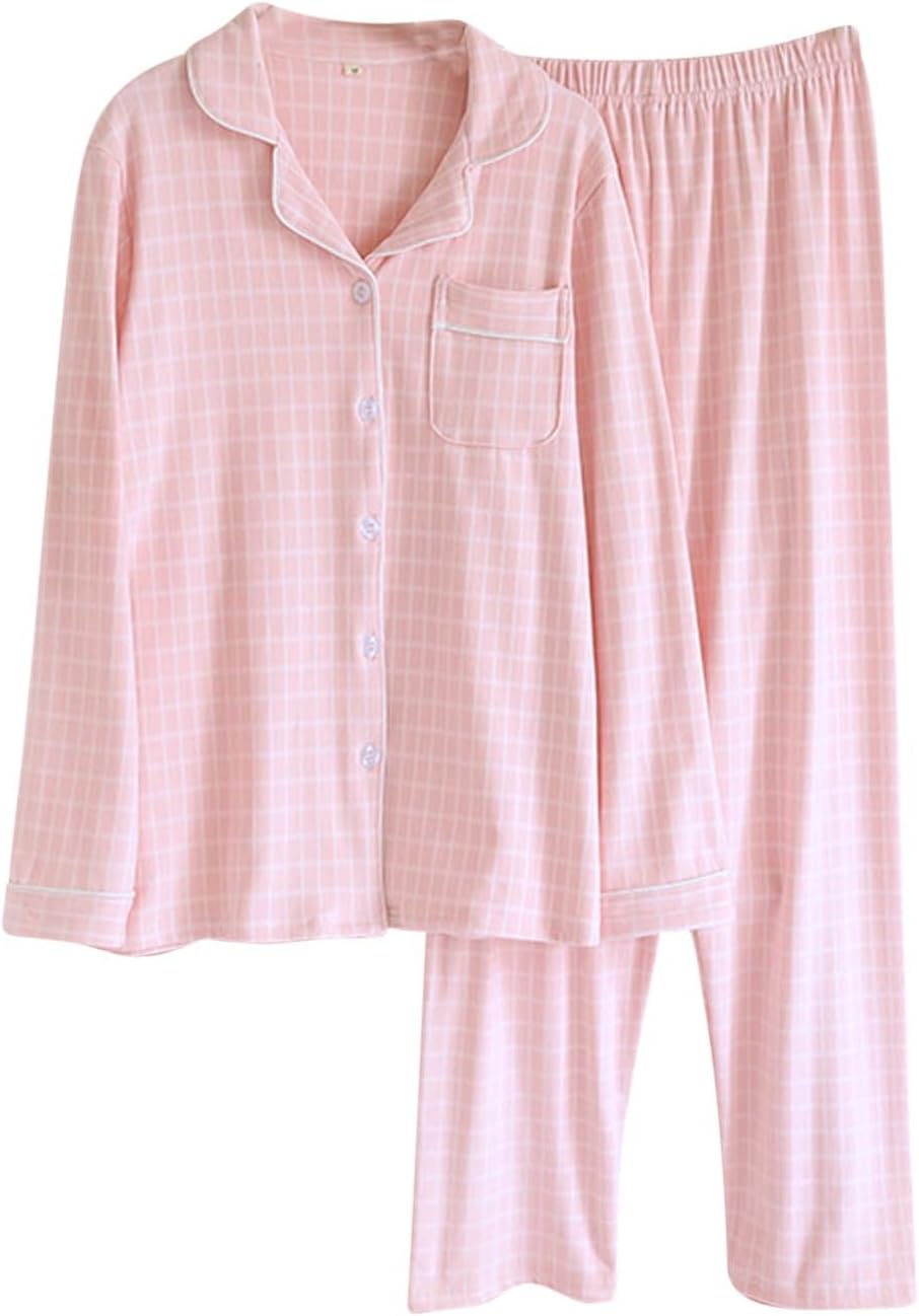 Womens Cotton Pajama Sets Long Sleeve Button Down Sleepwear Elastic Waist Ankle Pants 2 Piece Gingham Pj Set
