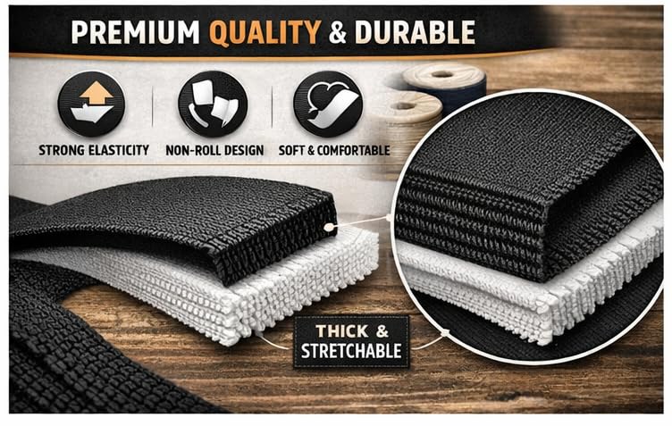 Zenith 2-Inch Wide Braided Elastic - 4-Meter Roll for Sewing & Tailoring | Strong & Flexible Stretch | Ideal for Waistbands, Cuffs & Dressmaking | High-Tensile Strength & Machine Washable. (Black) 2
