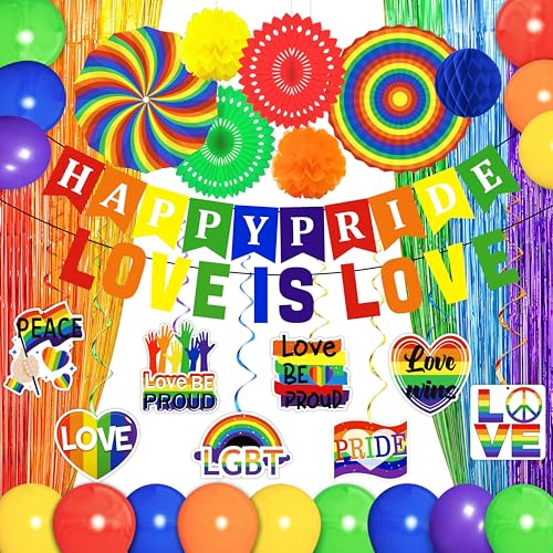 34PCS Pride Decorations Rainbow Party Set for Office - Pride Month Love Is Love Banner Foil Curtains Balloons LGBT Hanging Swirls Paper Fans Pom Poms Honeycombs Home Decor Supplies