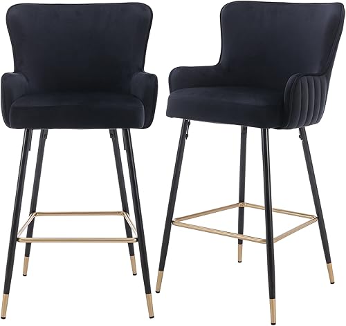 Juego de 2 taburetes de bar de terciopelo negro de 30 pulgadas, taburetes de bar tapizados dorados con respaldo de ala, taburetes de bar modernos