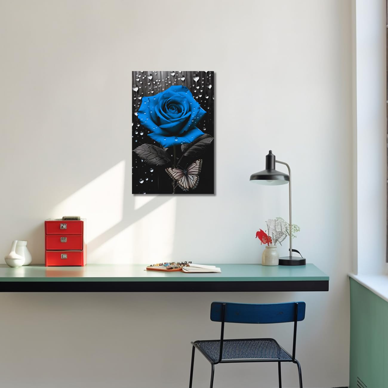 LZIMU Rose Wall Art Bathroom Decor Black And White Blue Floral with Butterfly Painting Prints Abstract Rose Flowers Picture for Farmhouse Decor Framed (Floral-5 - Image 4