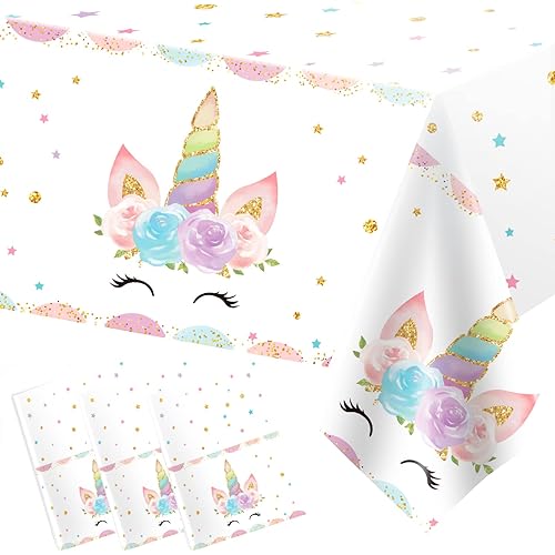3PCS Unicorns Tablecloths for Birthday Decoration, Plastic Disposable Rectangle Table Covers for Kids Girls Baby Shower Party Supplies, 54" x 108