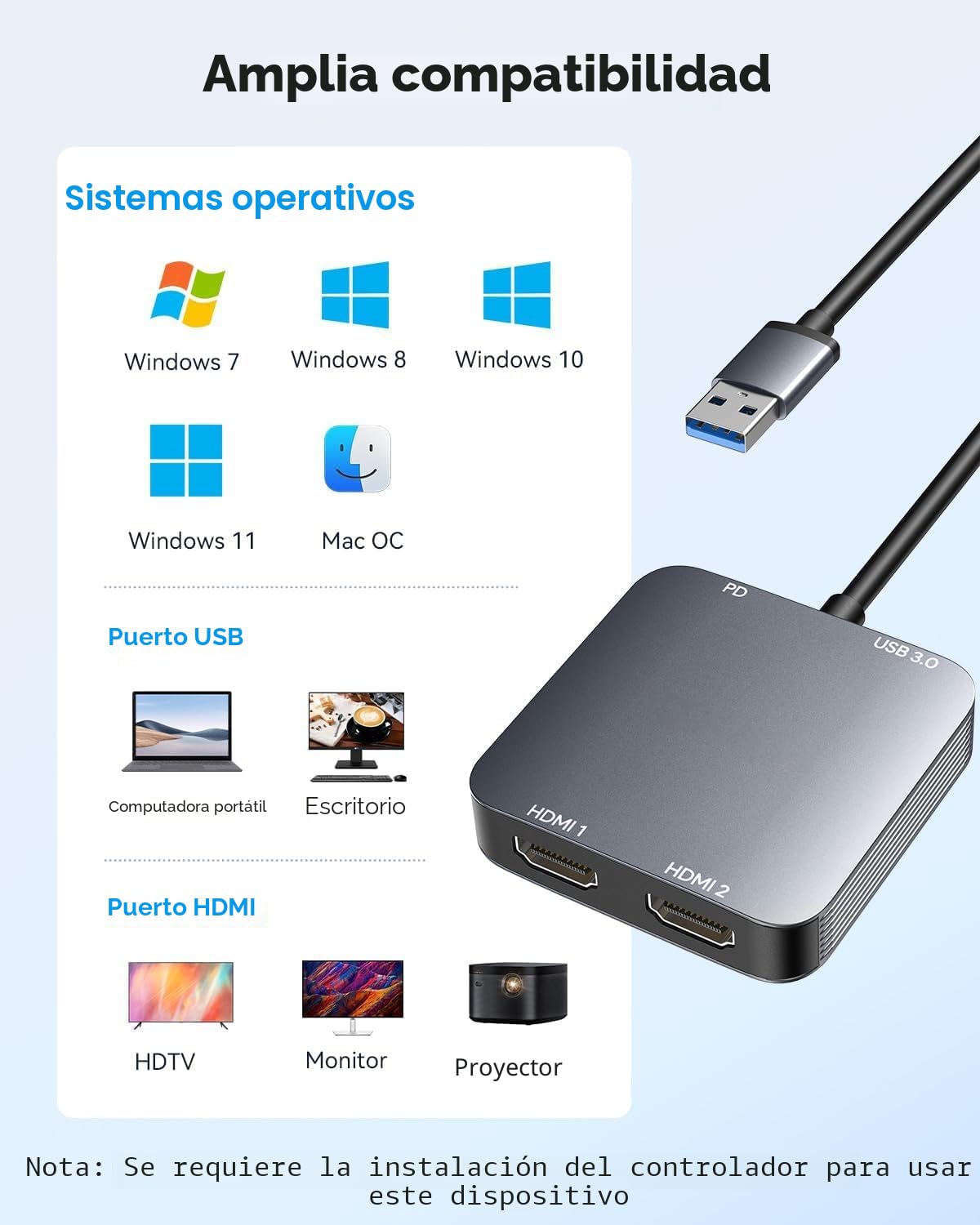 ABLEWE Adaptador USB 3.0 a HDMI Dual con Puerto USB 3.0, Cable convertidor de gráficos de Audio y vídeo HDMI a USB para Laptop, Monitor de Escritorio, TV, Compatible con Mac OS, Windows