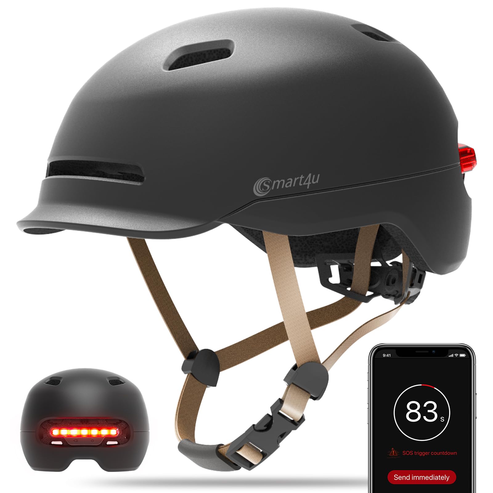 Smart4u SH50U Smart Bike Helmet with Light, Bicycle Helmet with Rear Light | Brake Warning Light | Fall Detection, CPSC Certified, Bike Helmet for Adults Men Women, Bicycle Helmet for Urban Commuter