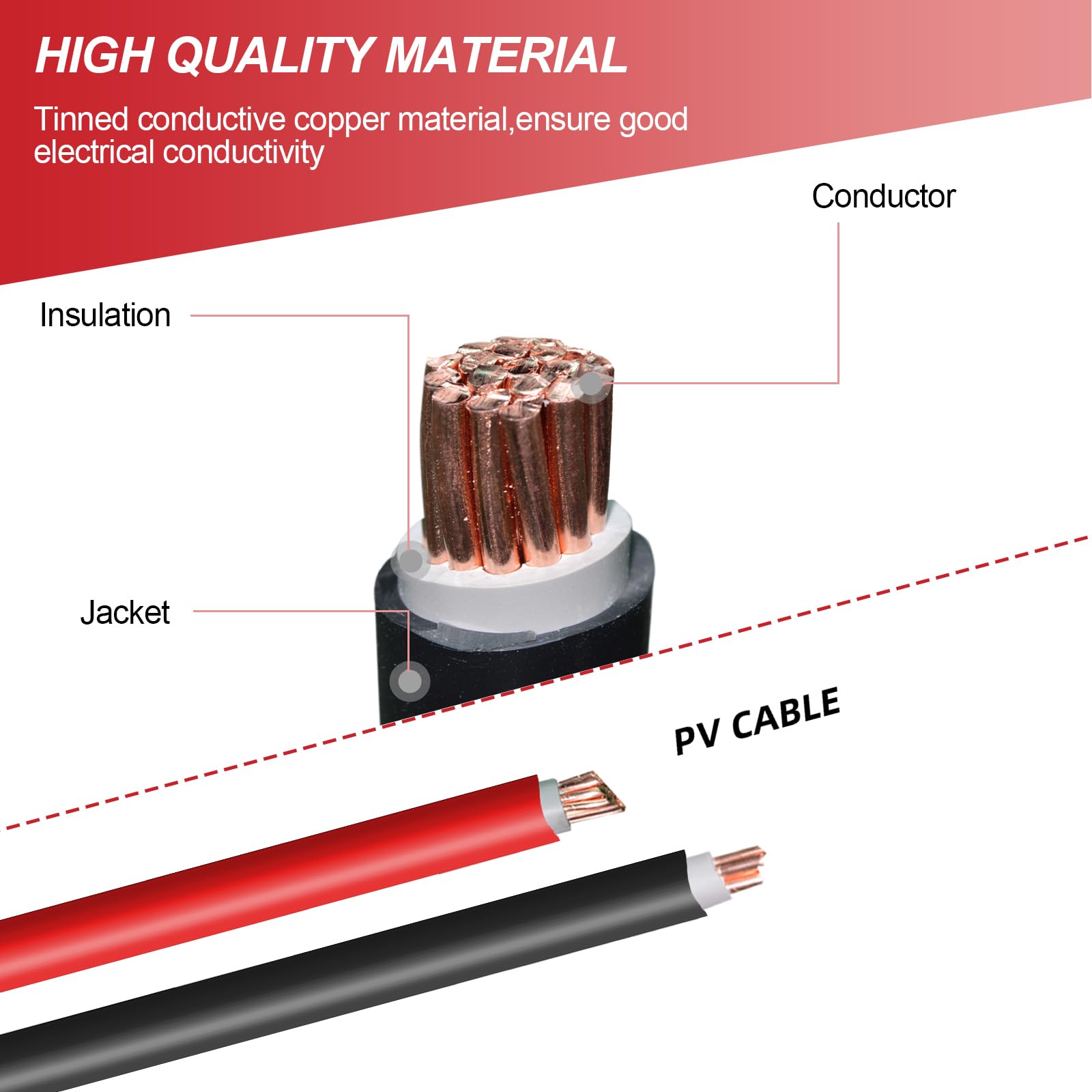 Câble de raccordement professionnel Rallonge (6mm²/4mm²),Câble solaire, y compris fiche solaire montée des deux côtés, lignes rouges et noires (4mm²-5m)