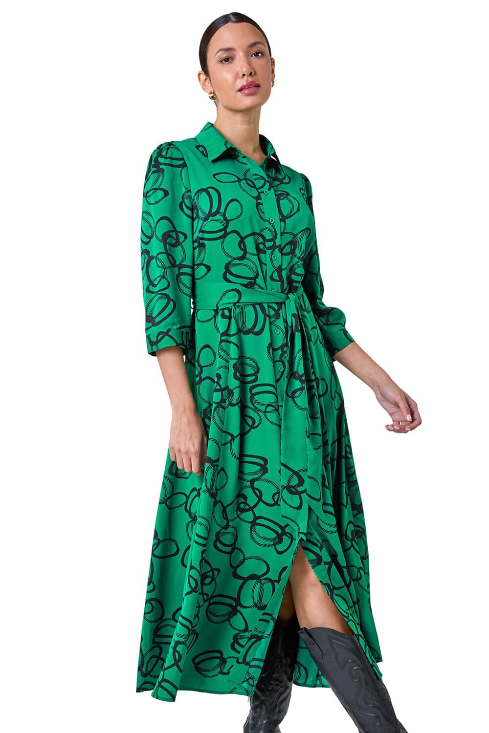 Roman Women's Green Abstract Circle Print Stretch Midi Shirt Dress Size 20
