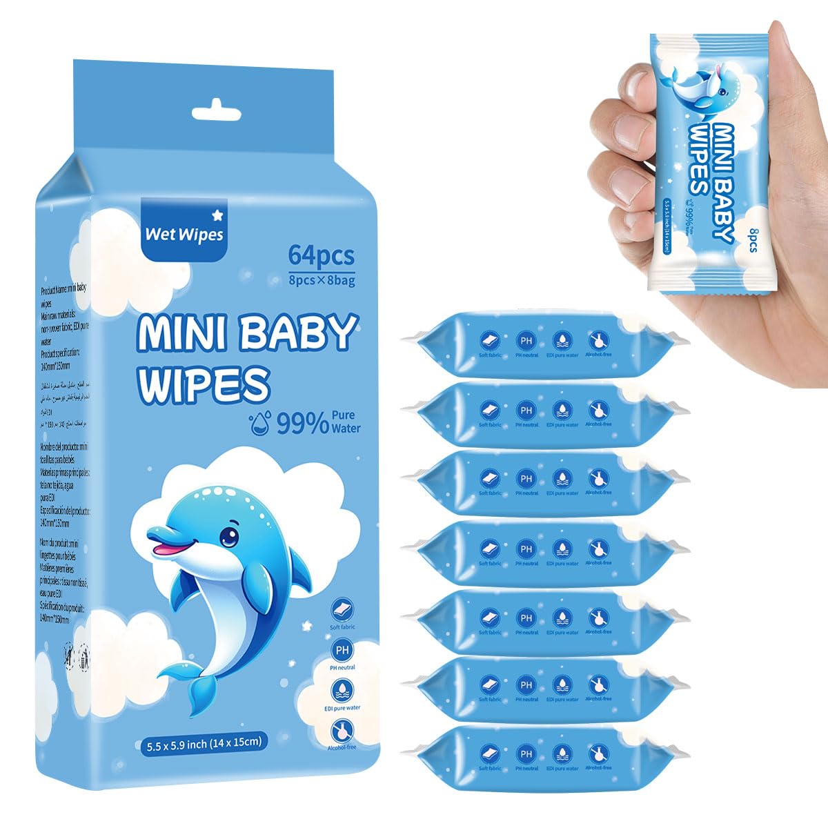 64 Count Mini Baby Wet Wipes - 8pcs/pack (Total 8 packs) Individually Wrapped, 99% Pure Water, Hypoallergenic, Eco-Friendly, and Perfect for Newborns and On-the-Go Families (Blue)