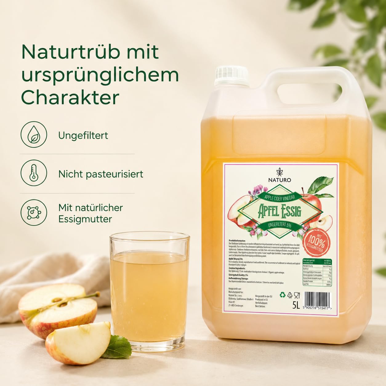 Naturo - Apfelessig Naturtrüb 5L – Hochwertiger Essig Ungefiltert 5% - Essigmutter Großer Vorratspackung - 100% natürlich, ohne Zusatzstoffe - ideal für Salate, Saucen und Gesundheitsvorteile