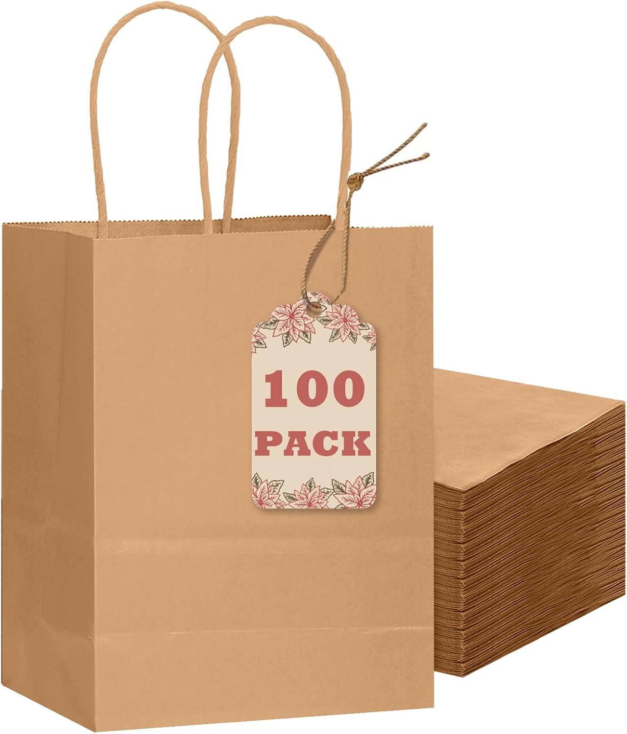 qiqee 100-packs brown paper gift bags with handles bulk 8.26"×6"×3.15" small size gift bags multiple uses small brown